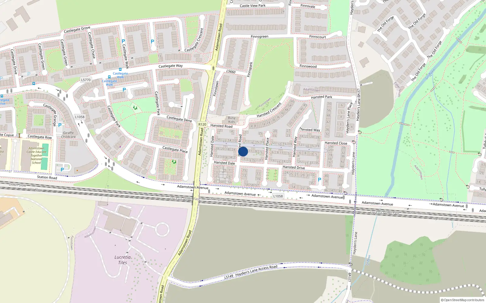 Overhead map showing the location of 15 Hansted Road, Finnstown, Lucan