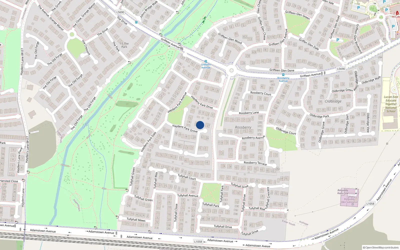 Overhead map showing the location of 15 Haydens Park Grove, Lucan
