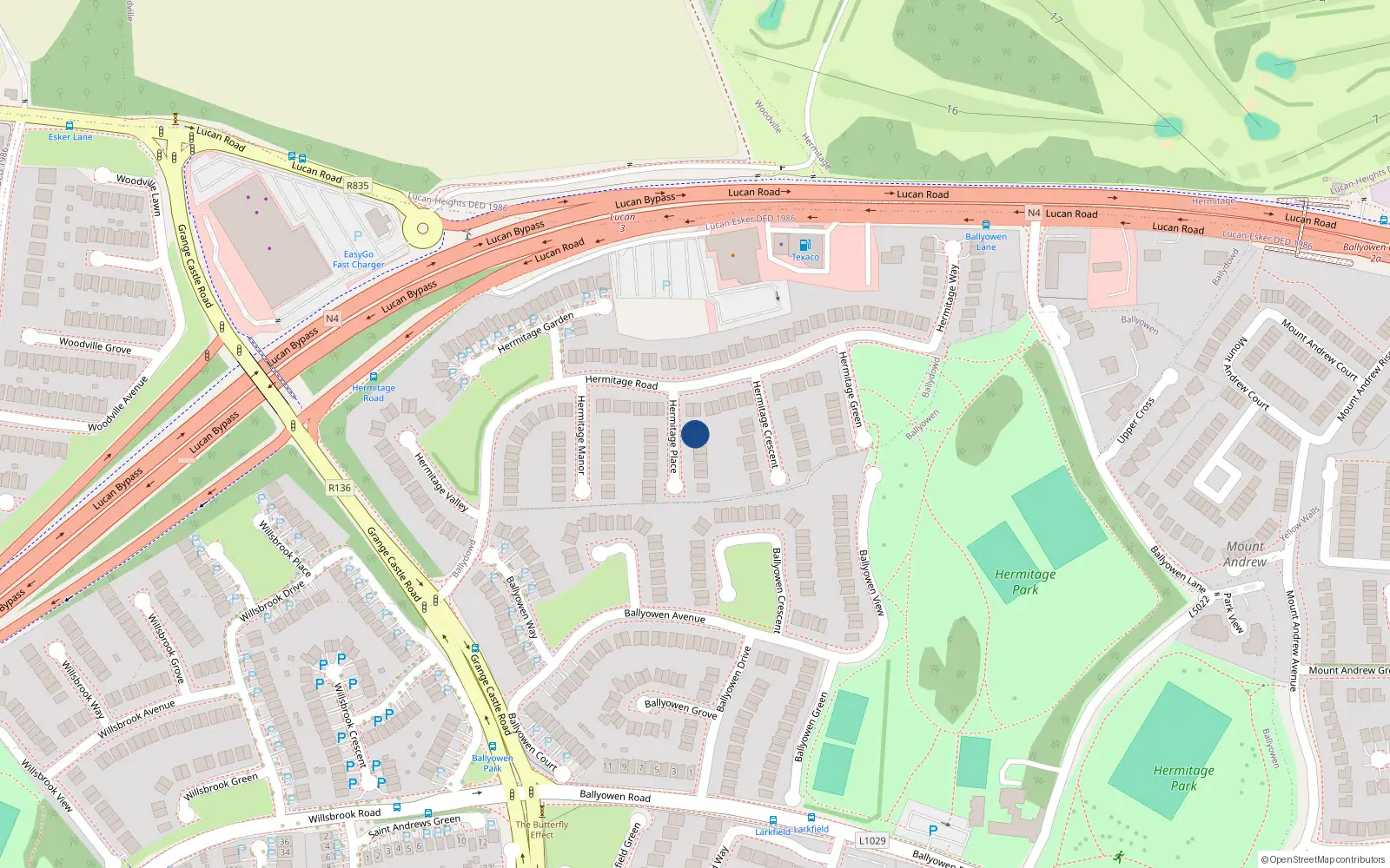 Overhead map showing the location of 15 Hermitage Place, Lucan