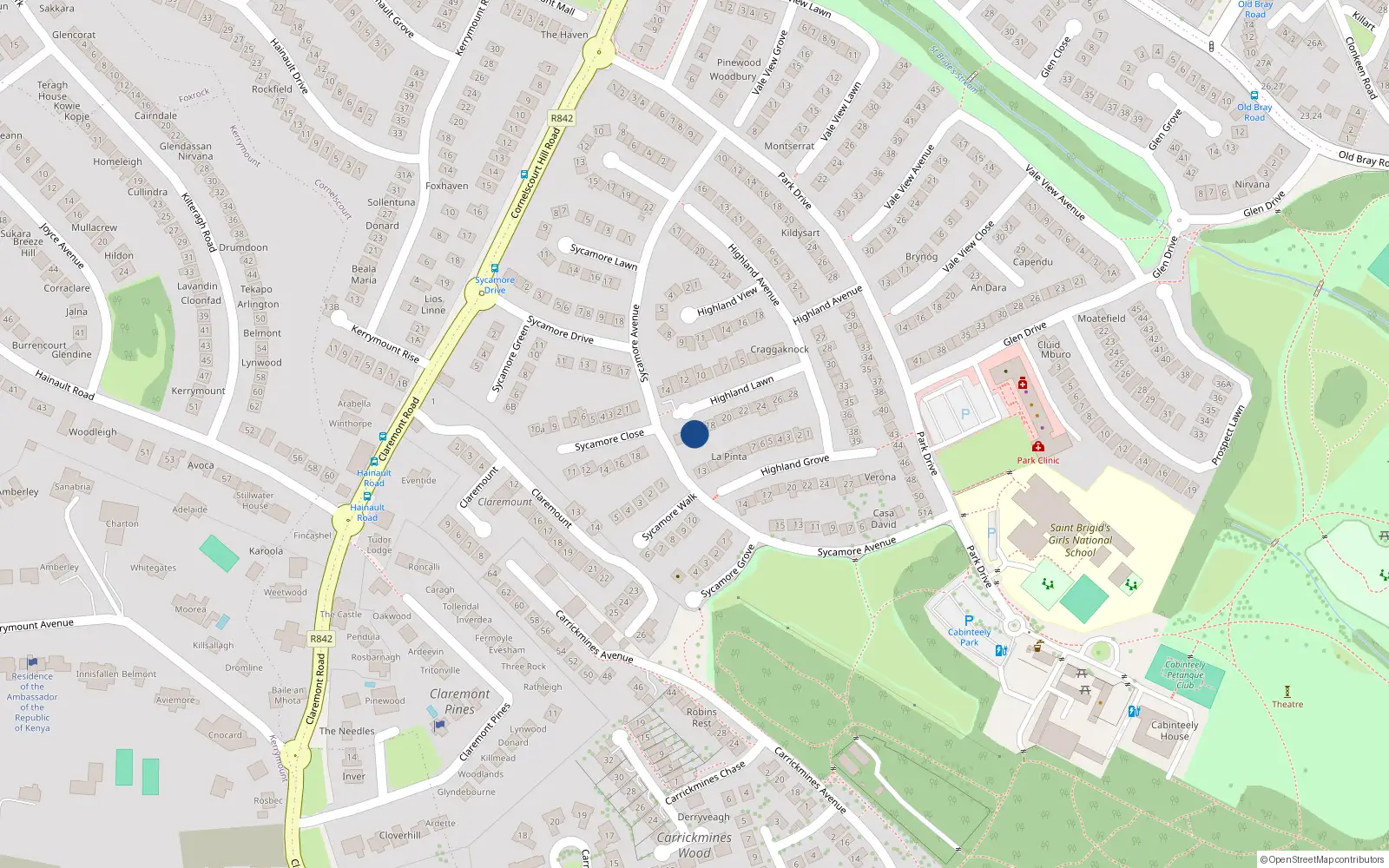 Overhead map showing the location of 15 Highland Lawn, Cabinteely