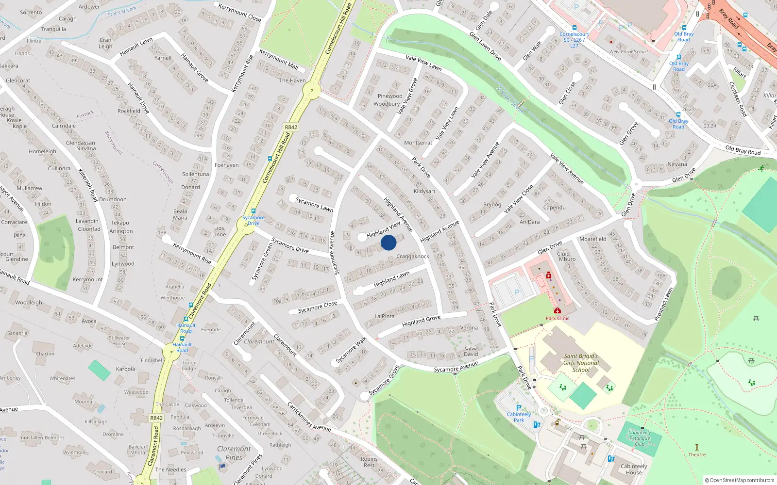 Overhead map showing the location of 15 Highland View, Dublin 18