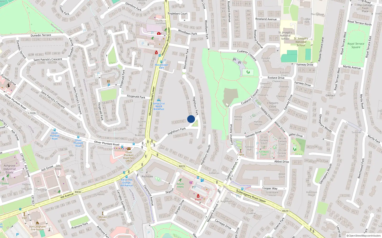 Overhead map showing the location of 15 Highthorn Park, Co. Dublin