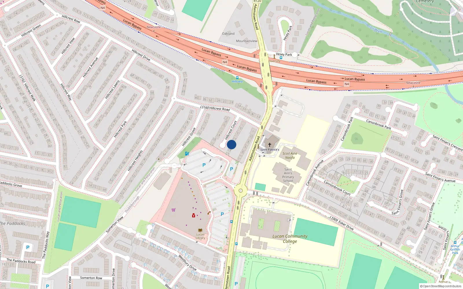 Overhead map showing the location of 15 Hillcrest Court, Lucan, Dublin