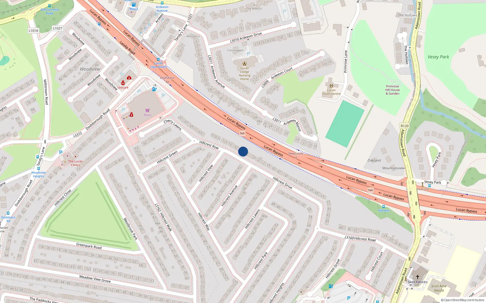 Overhead map showing the location of 15 Hillcrest Drive, Lucan, Dublin