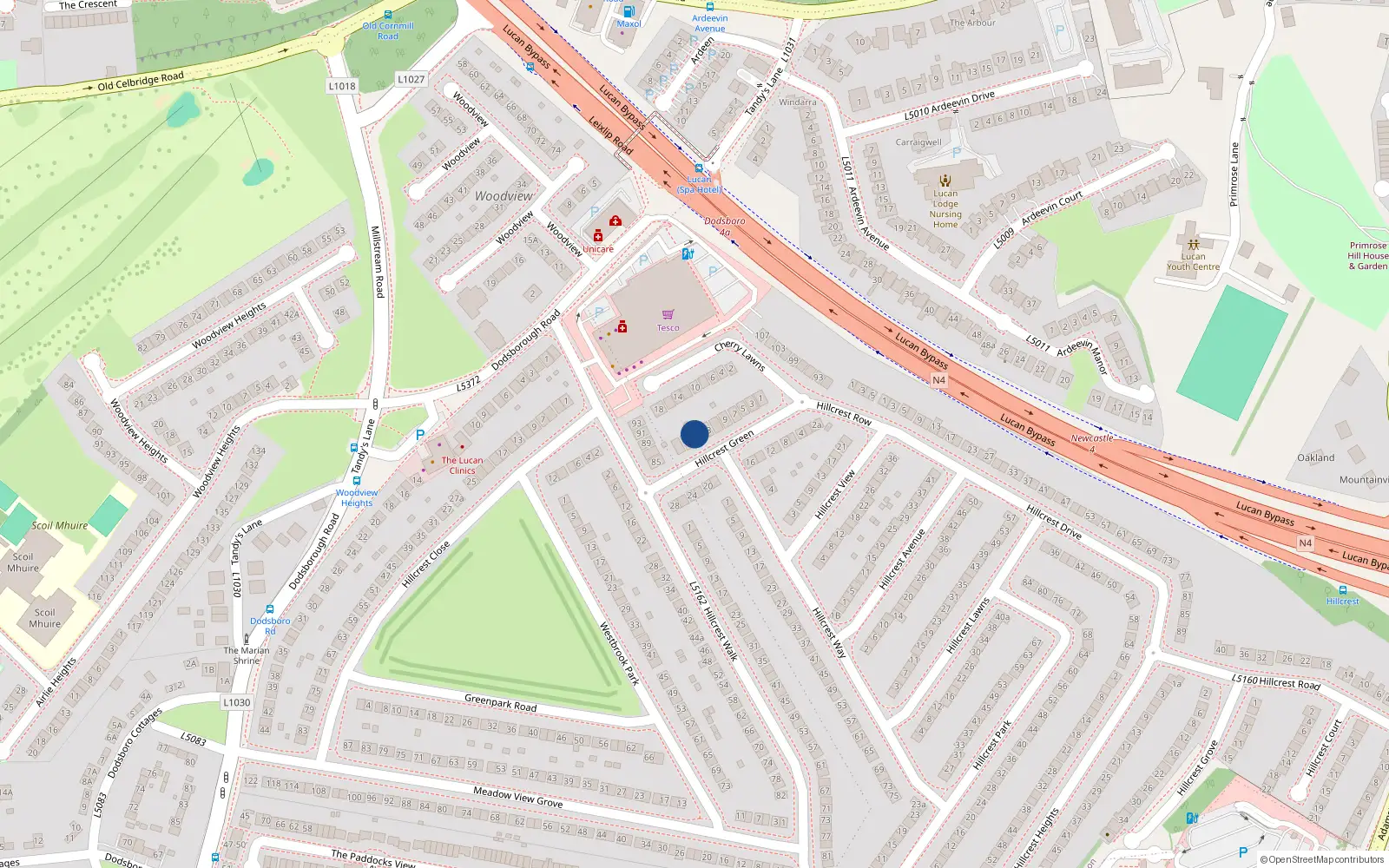 Overhead map showing the location of 15 Hillcrest Green, Lucan