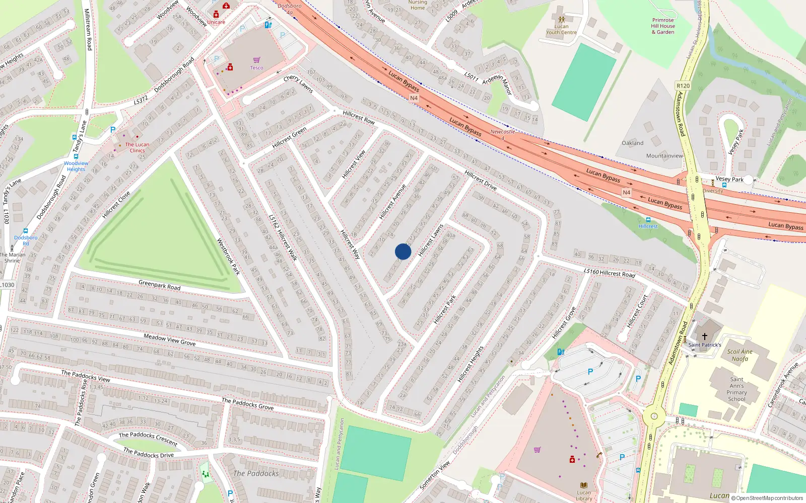 Overhead map showing the location of 15 Hillcrest Lawns, Lucan, Dublin