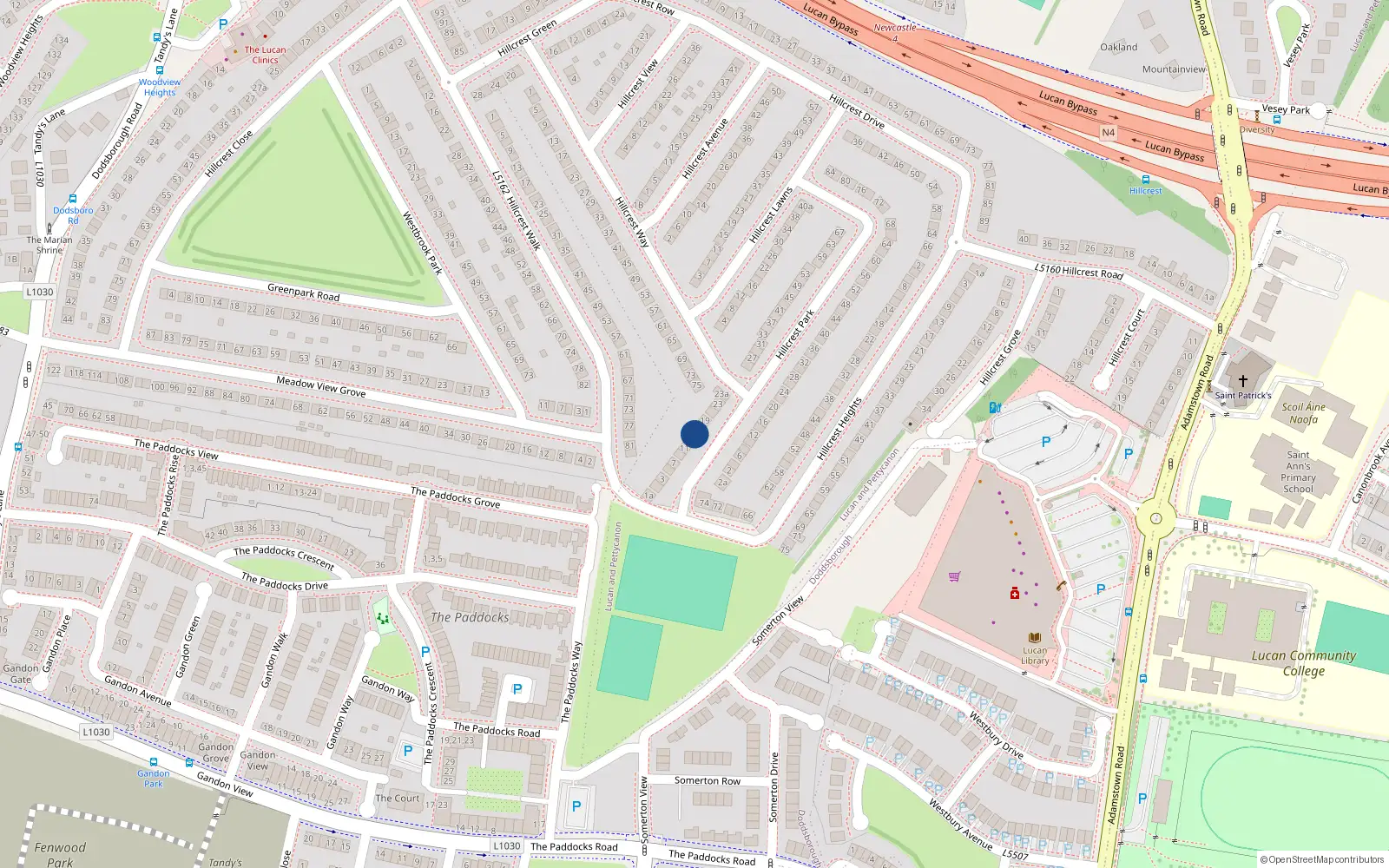 Overhead map showing the location of 15 Hillcrest Park, Lucan, Dublin
