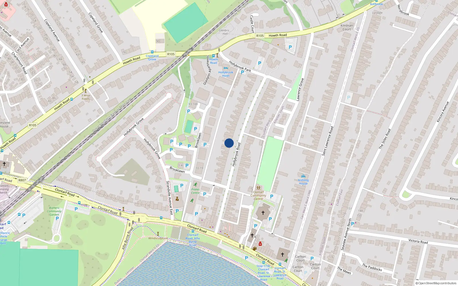 Overhead map showing the location of 15 Hollybrook Road, Clontarf, Dublin 3