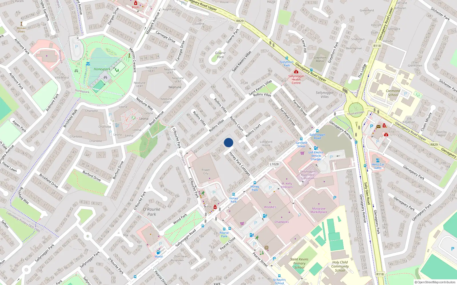 Overhead map showing the location of 15 Honey Park, Sallynoggin