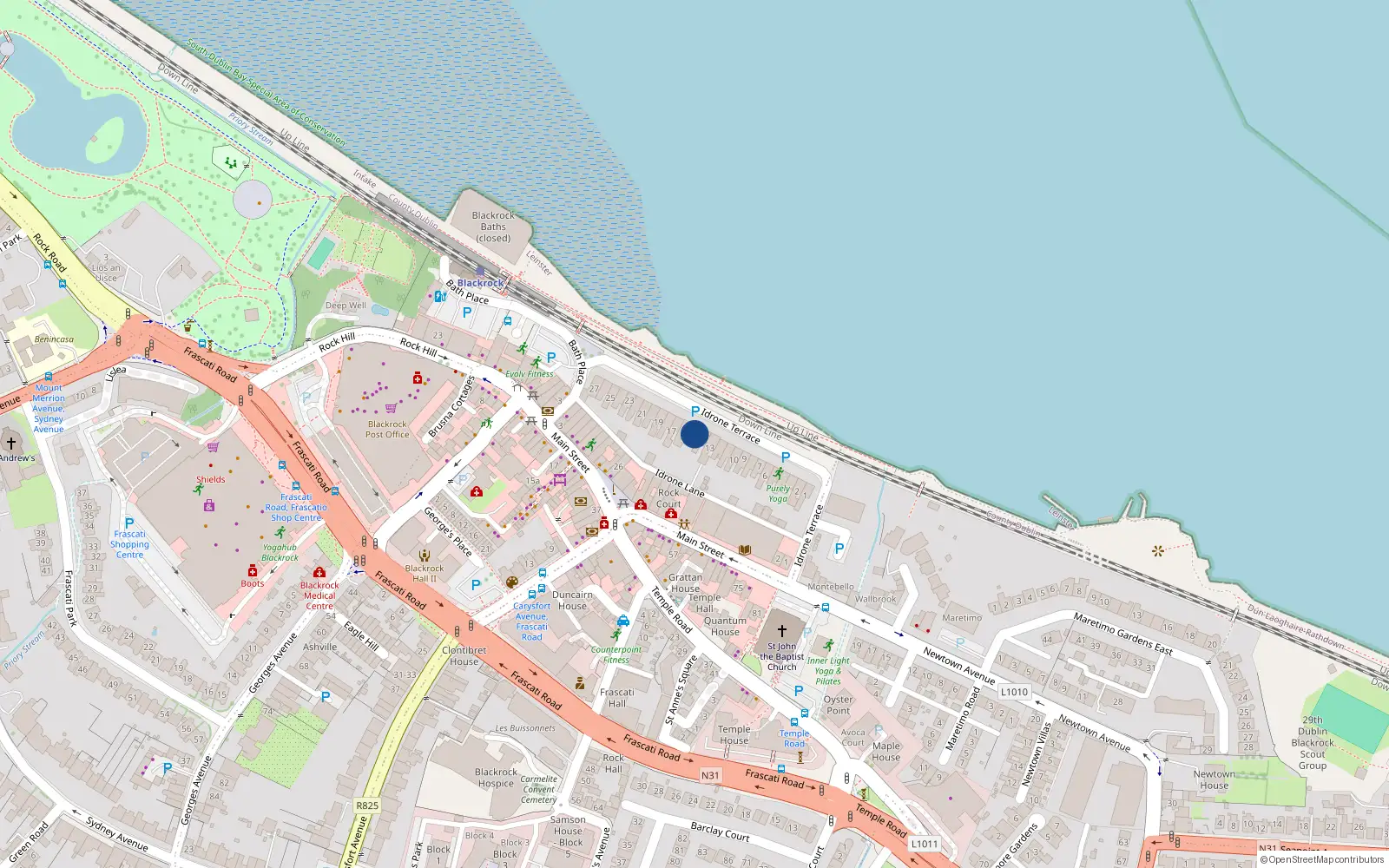 Overhead map showing the location of 15 Idrone Terrace, Blackrock, County Dublin