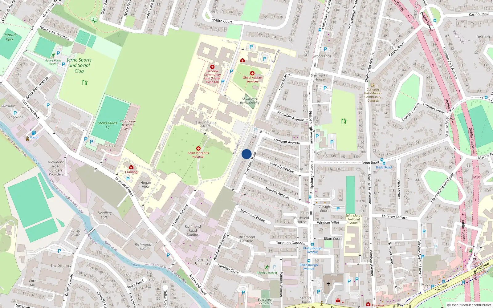 Overhead map showing the location of 15 Inverness Road, Dublin 3