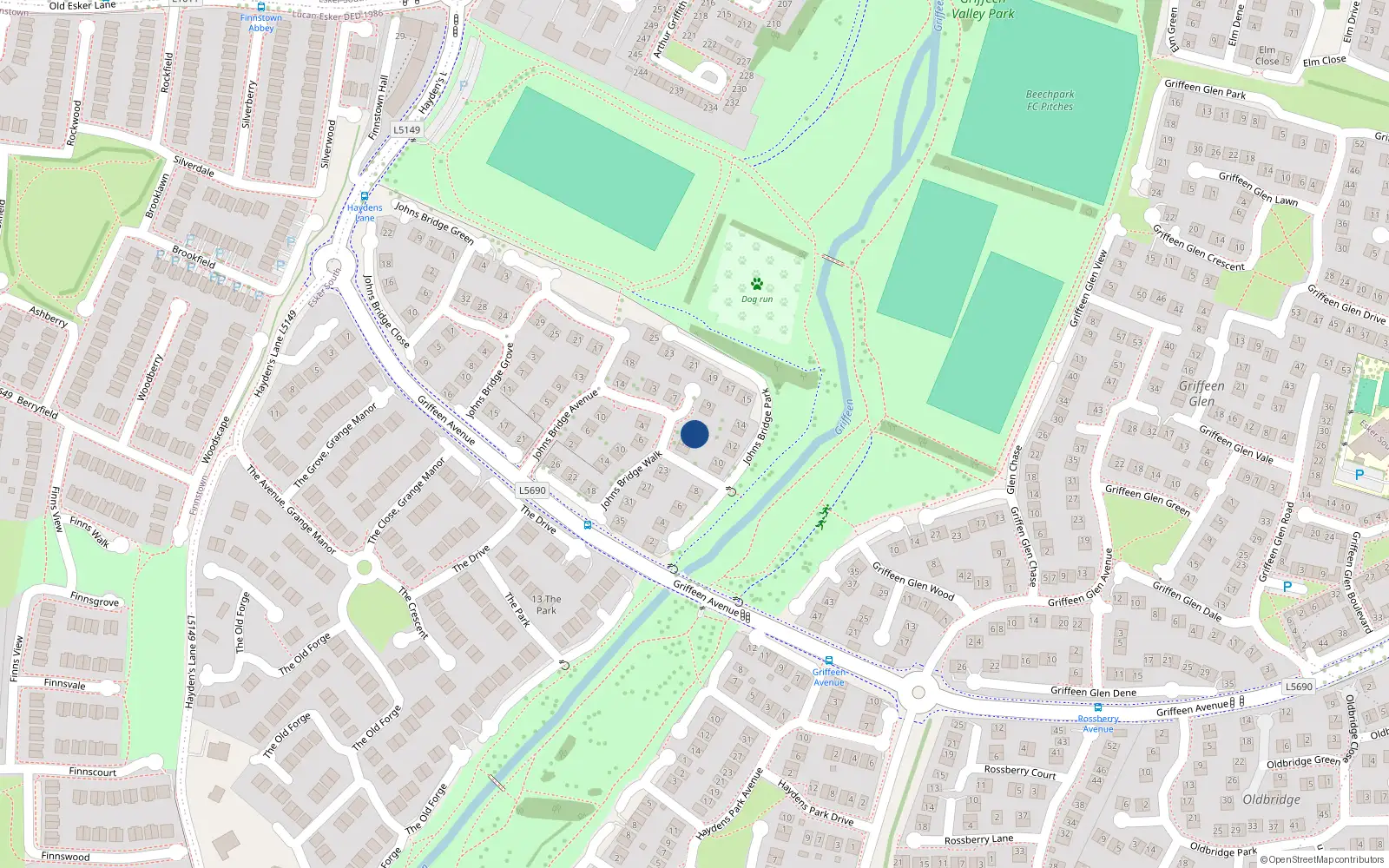 Overhead map showing the location of 15 Johnsbridge Walk, Lucan, Dublin