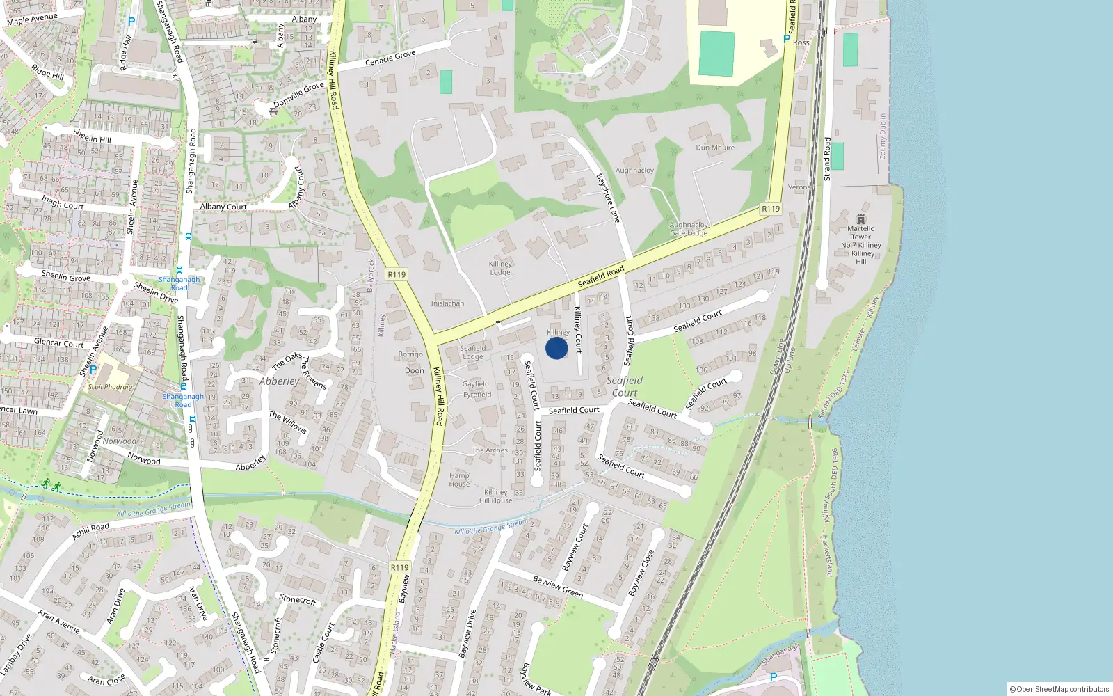 Overhead map showing the location of 15 Killiney Court, Seafield Road, Killiney