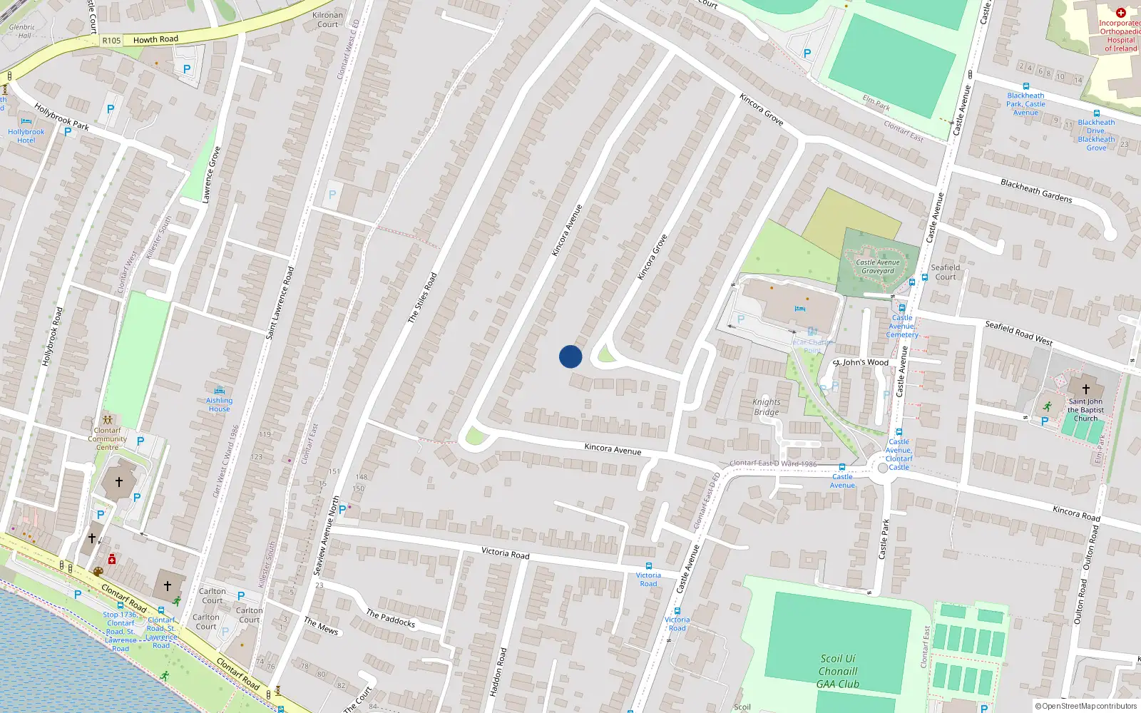 Overhead map showing the location of 15 Kincora Drive, Clontarf, Dublin 3
