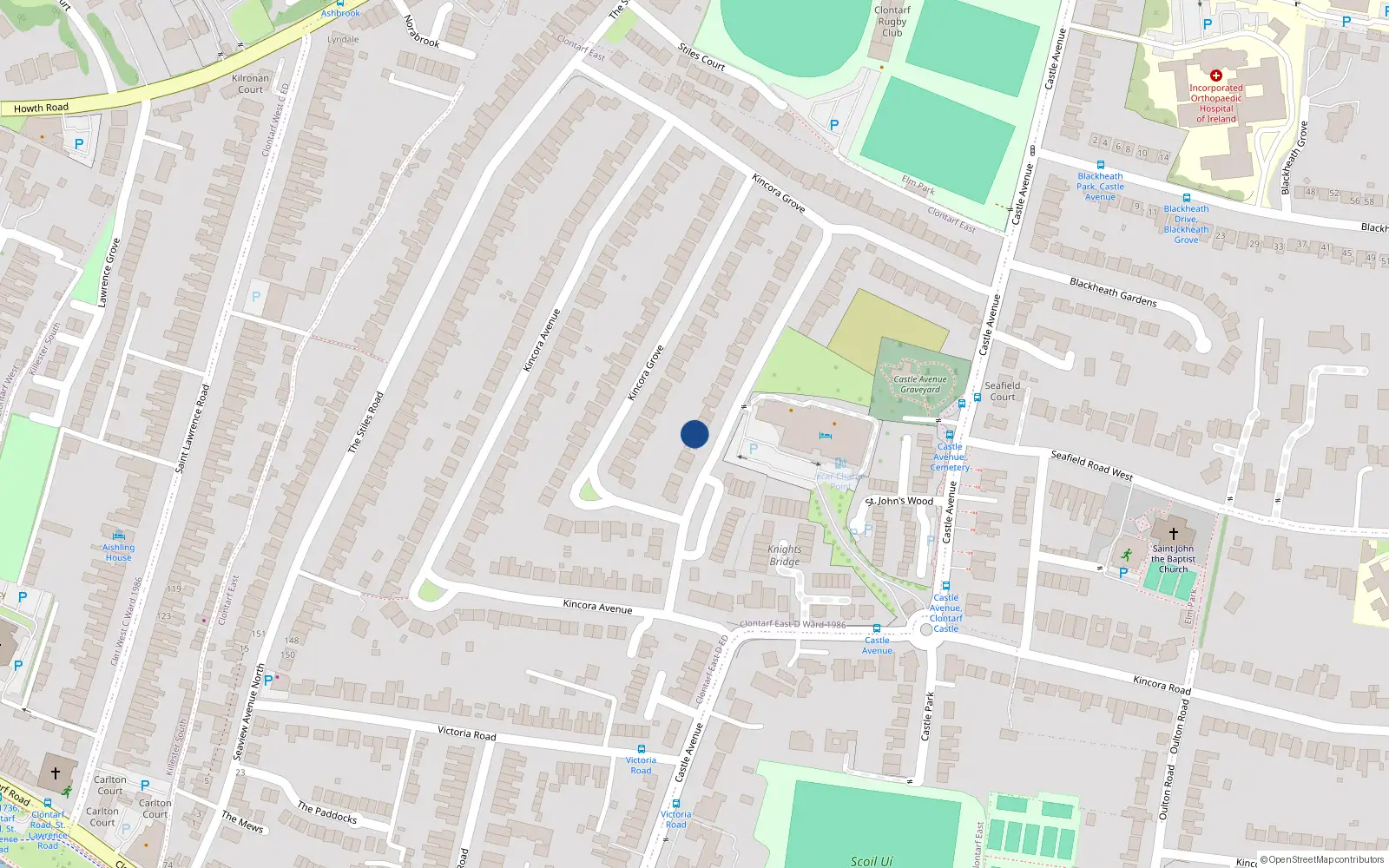 Overhead map showing the location of 15 Kincora Grove, Clontarf, Dublin 3