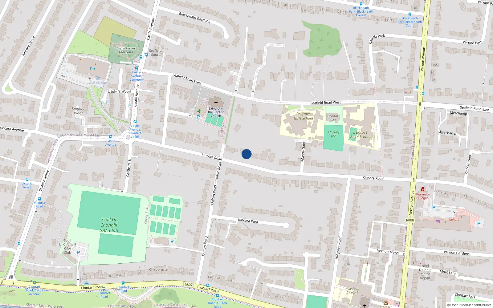 Overhead map showing the location of 15 Kincora Road, Clontarf, Dublin 3