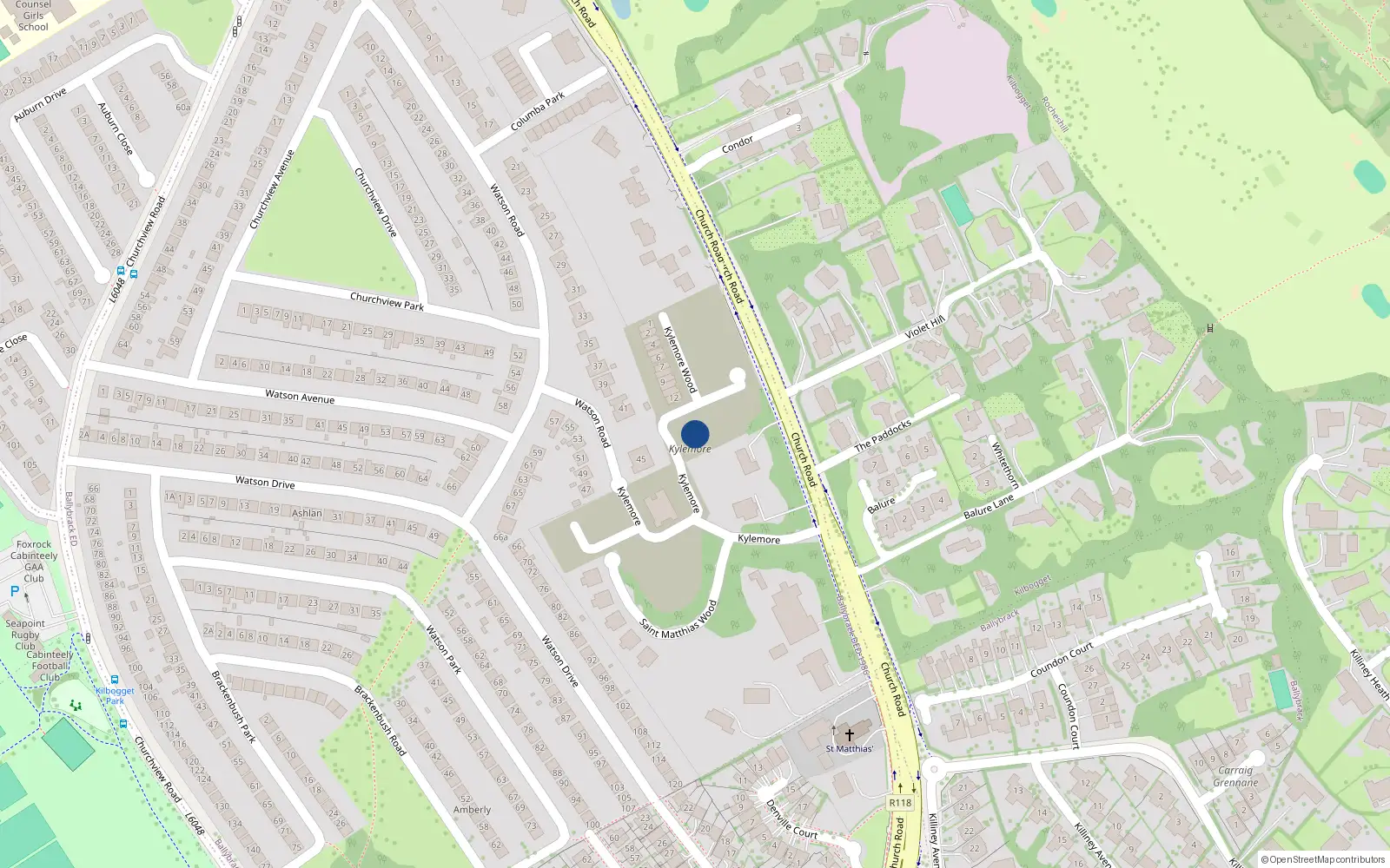 Overhead map showing the location of 15 Kylemore Wood, Kylemore, Killiney