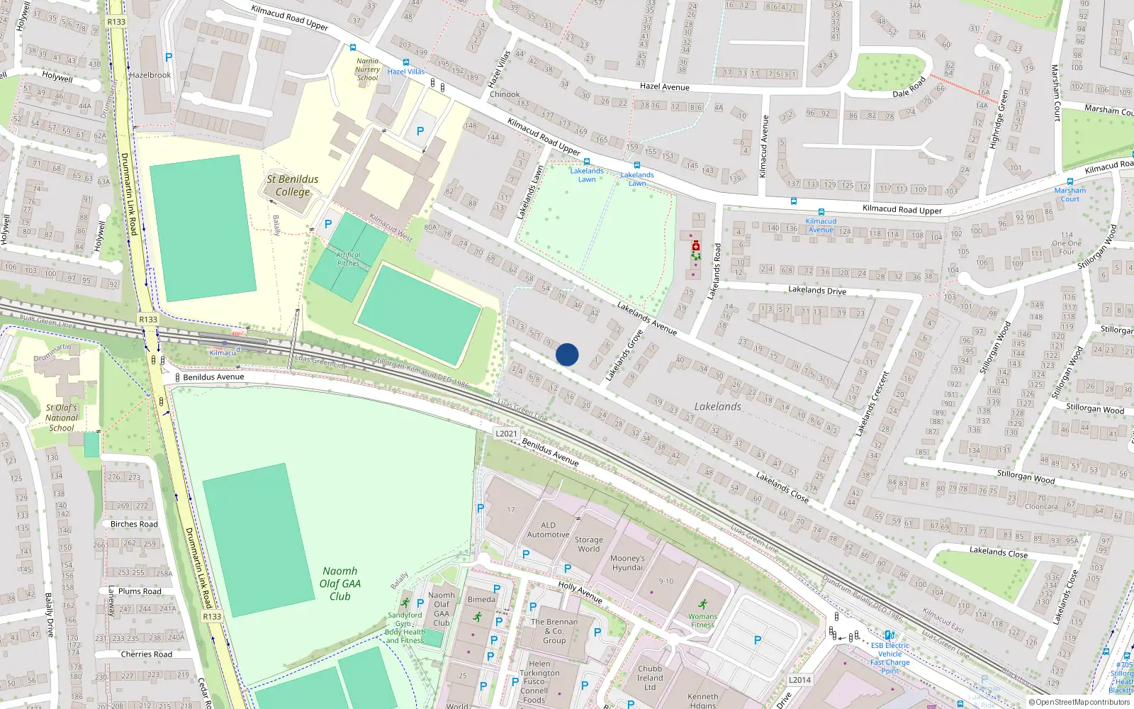Overhead map showing the location of 15 Lakelands Close, Blackrock, Dublin