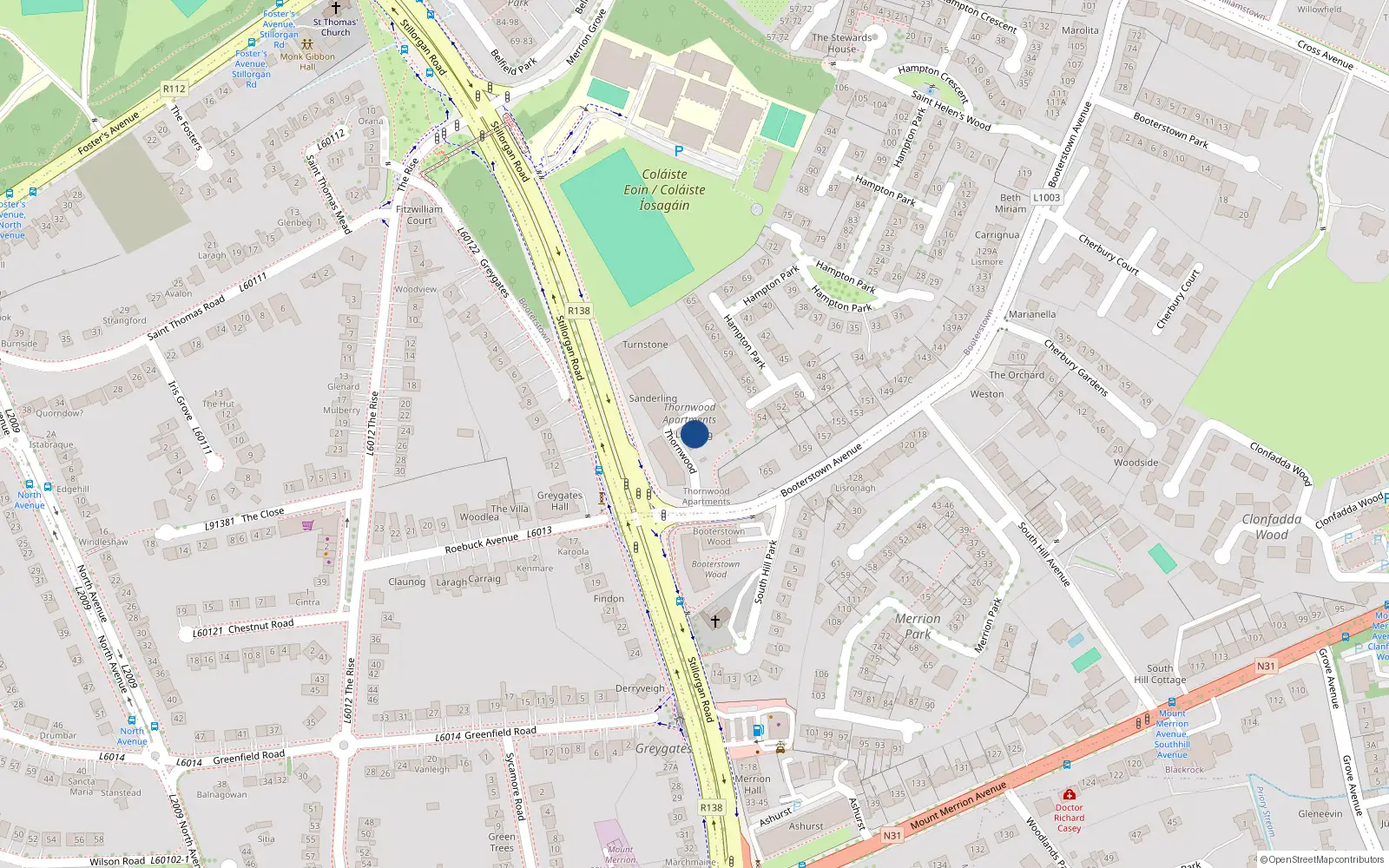 Overhead map showing the location of 15 Lapwing, 1-15 Thornwood, Booterstown