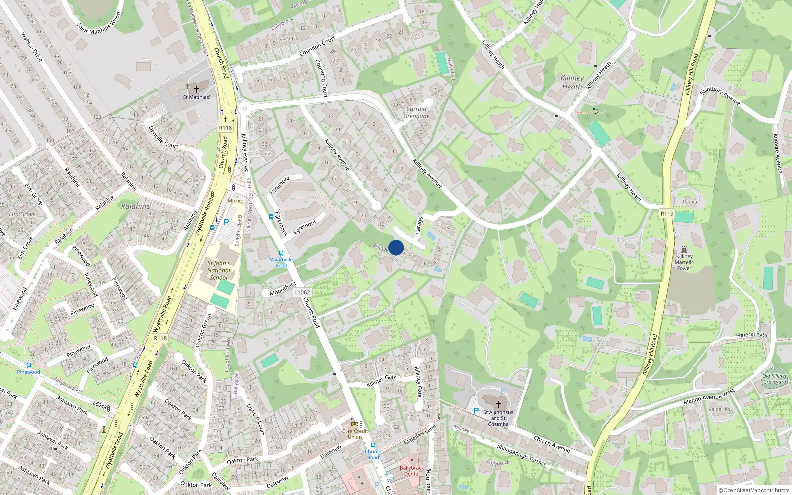 Overhead map showing the location of 15 Laragh, Killiney