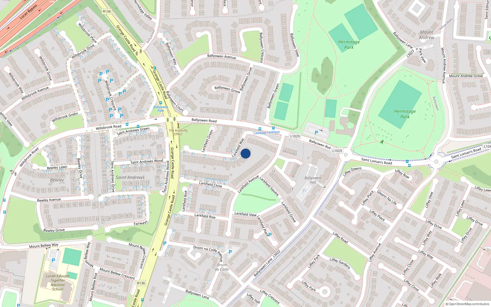 Overhead map showing the location of 15 Larkfield Way, Lucan