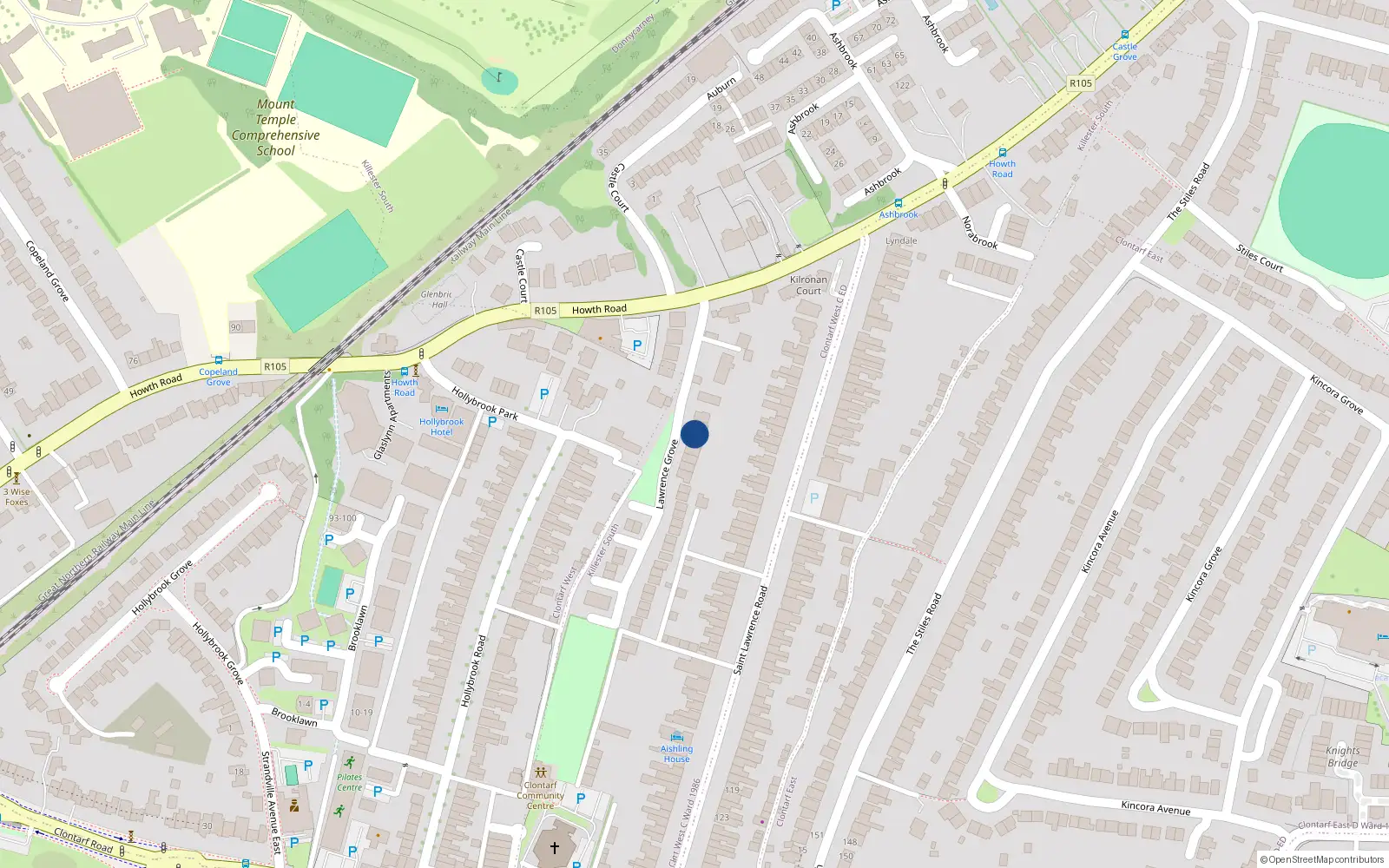 Overhead map showing the location of 15 Lawrence Grove, Clontarf, Dublin 3