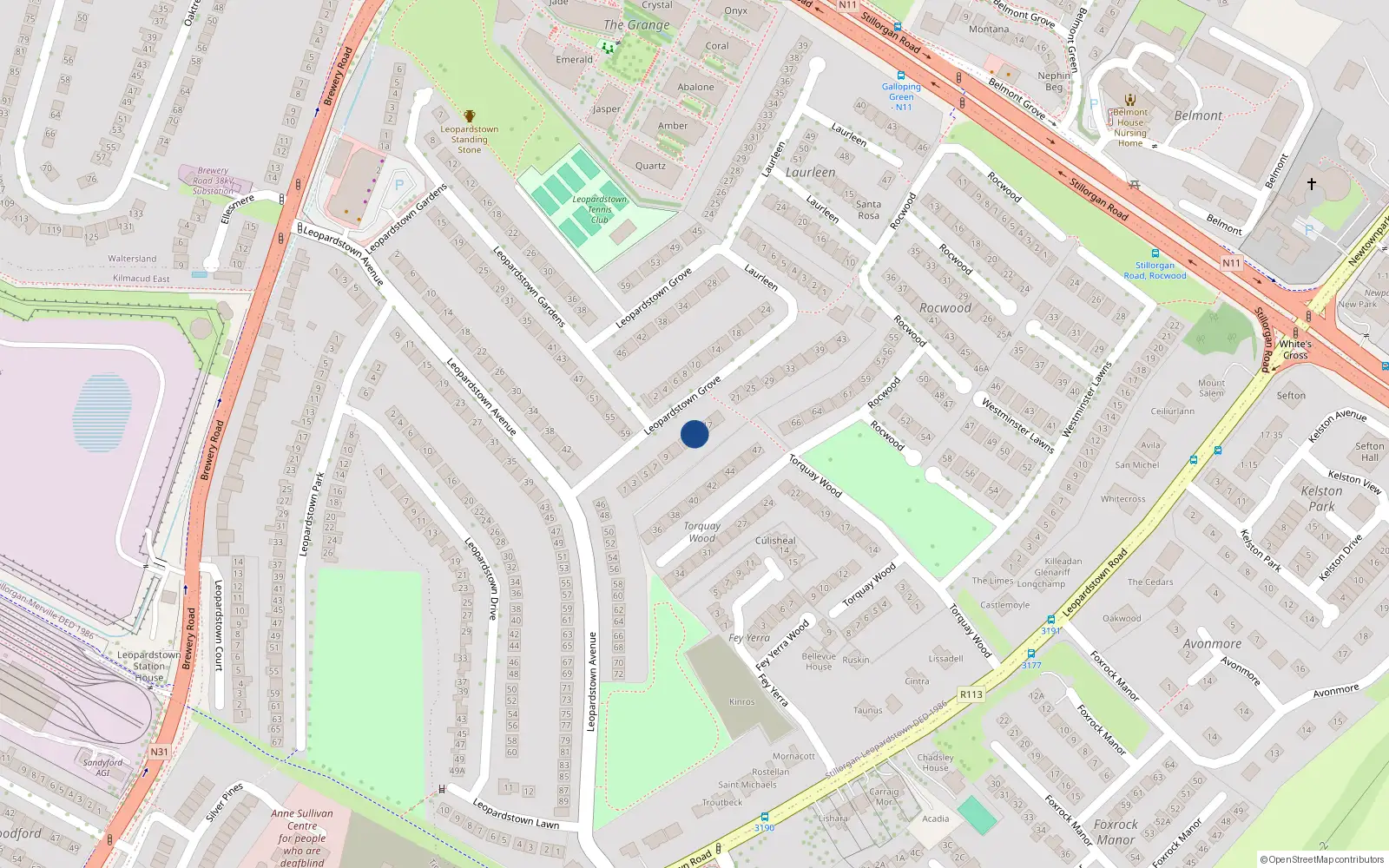 Overhead map showing the location of 15 Leopardstown Grove, Co. Dublin