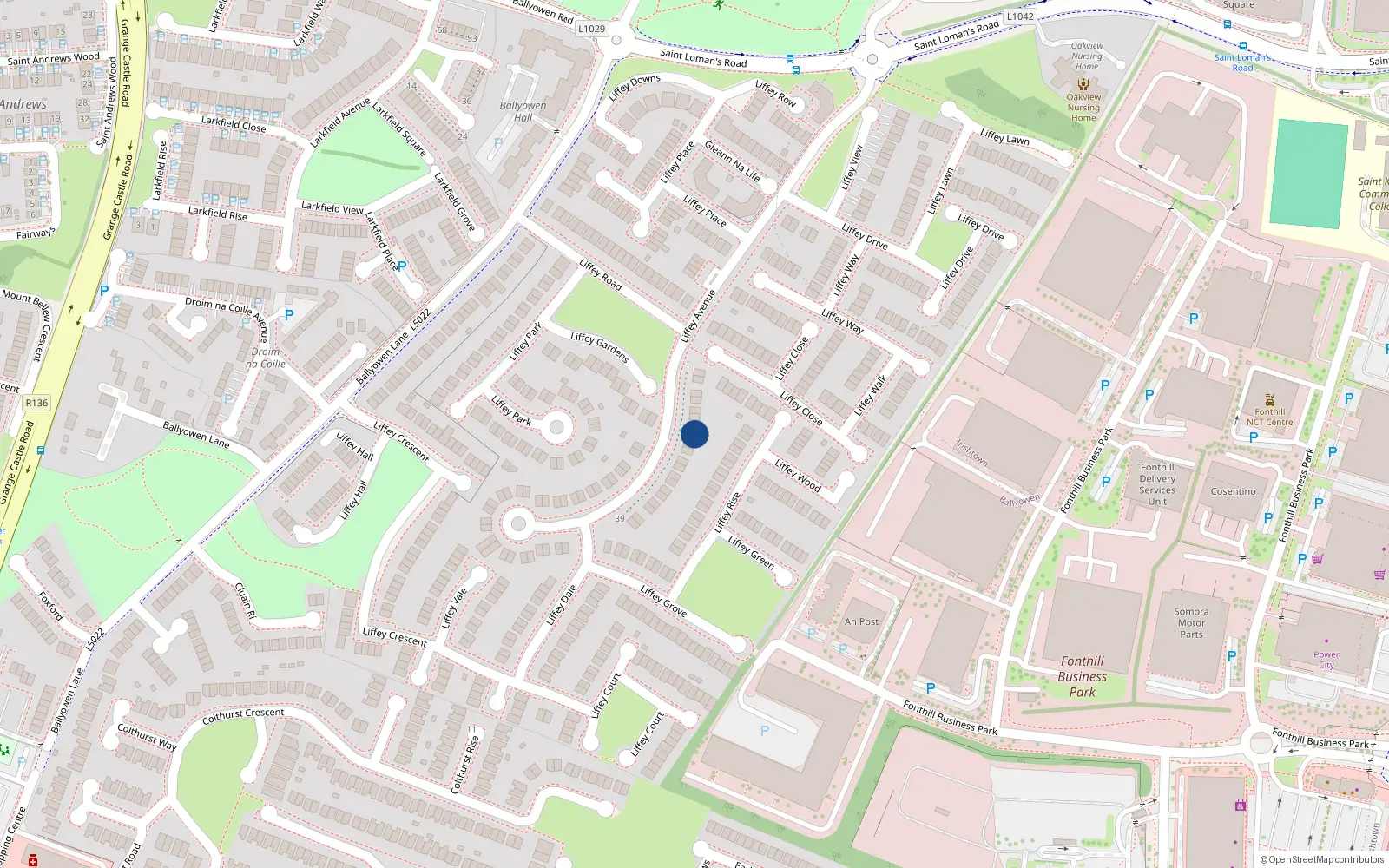Overhead map showing the location of 15 Liffey Avenue, Lucan