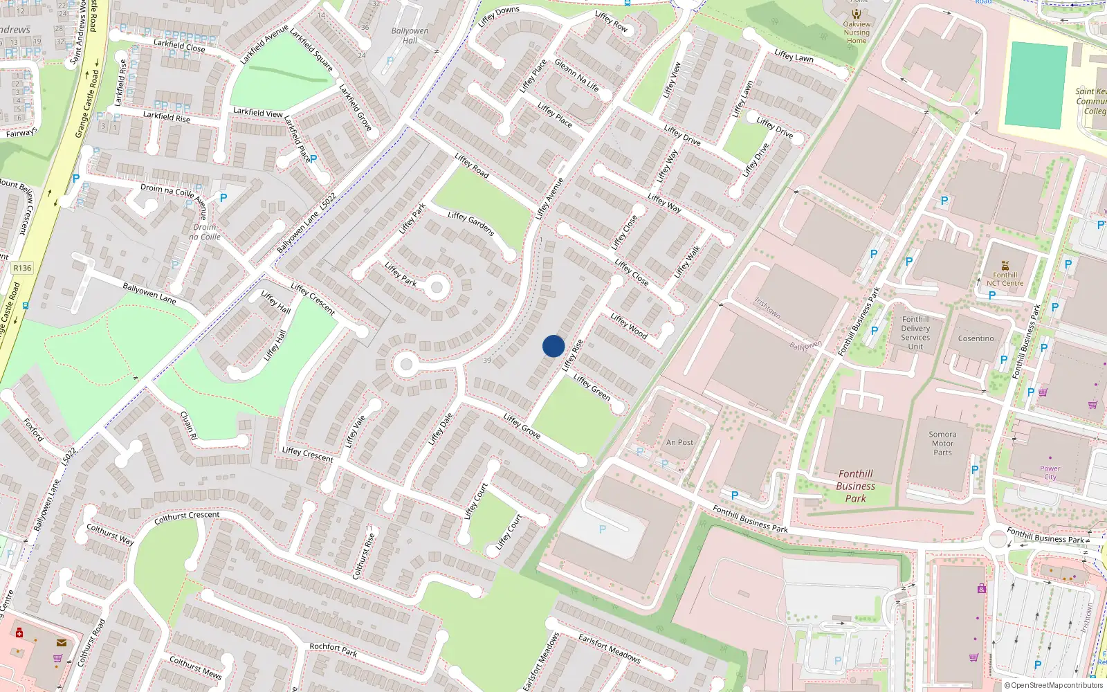 Overhead map showing the location of 15 Liffey Rise, Liffey Valley Park, Lucan