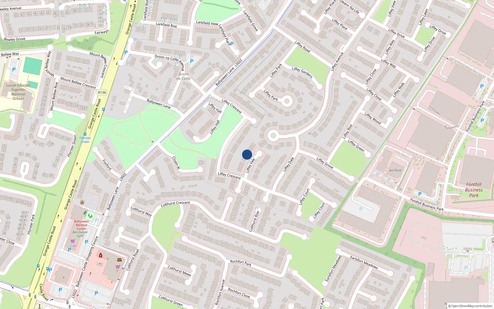 Overhead map showing the location of 15 Liffey Vale, Lucan