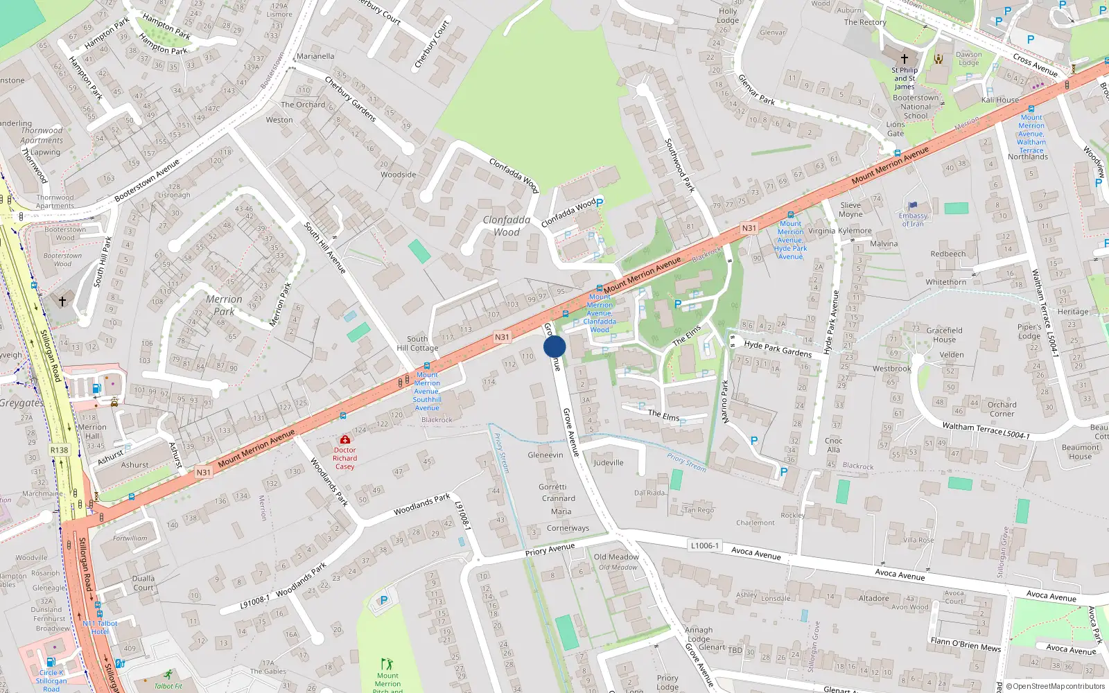 Overhead map showing the location of 15 Linden Place, Grove Avenue, Blackrock