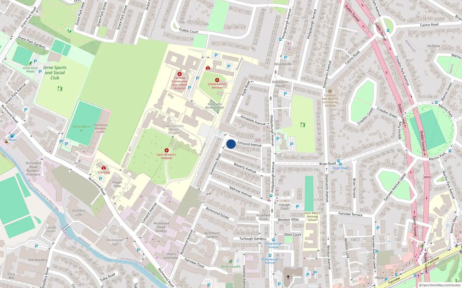 Overhead map showing the location of 15 Lomond Avenue, Fairview, Dublin 3