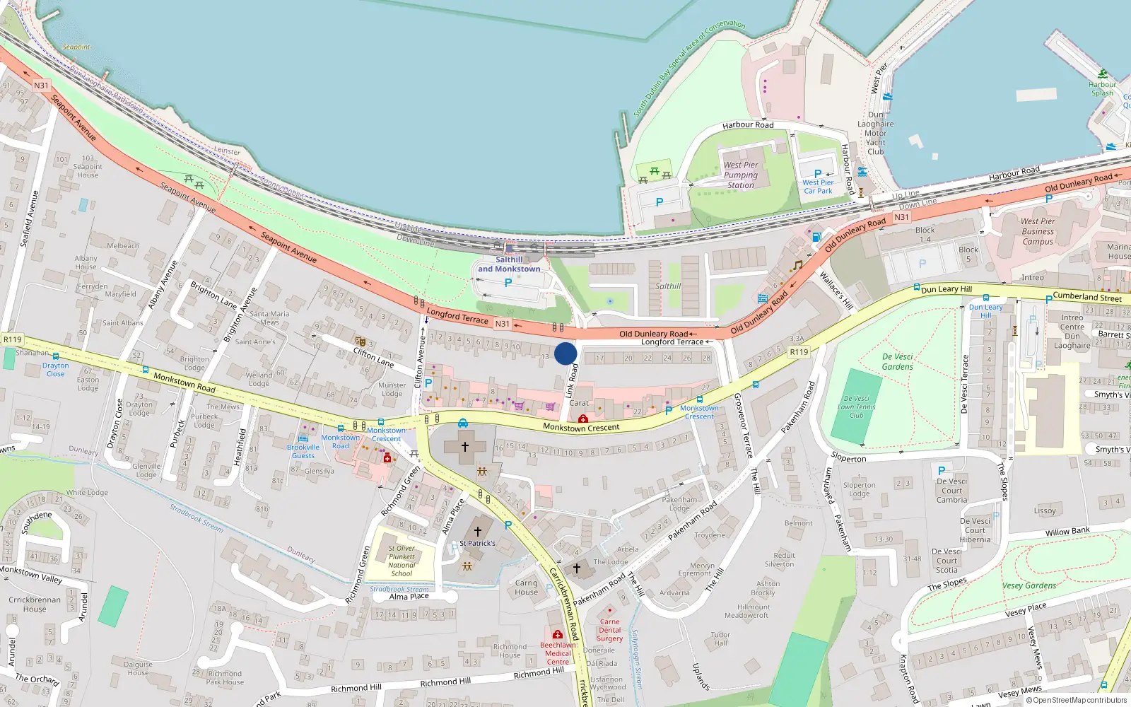 Overhead map showing the location of 15 Longford Terrace, Monkstown