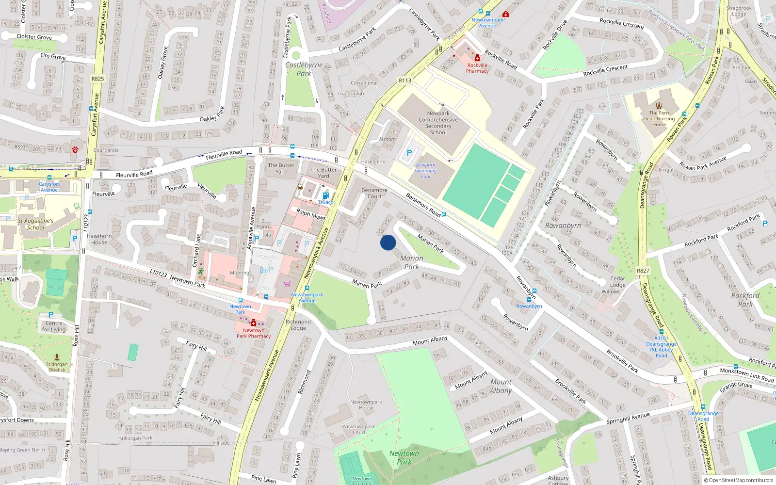 Overhead map showing the location of 15 Marian Park, Blackrock