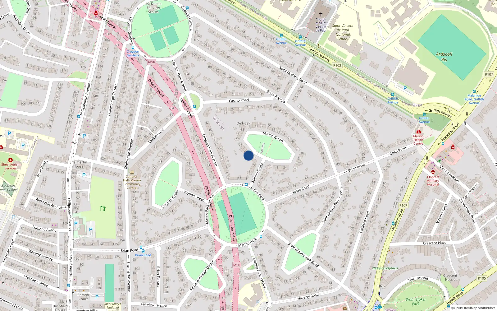 Overhead map showing the location of 15 Marino Green, Dublin 3