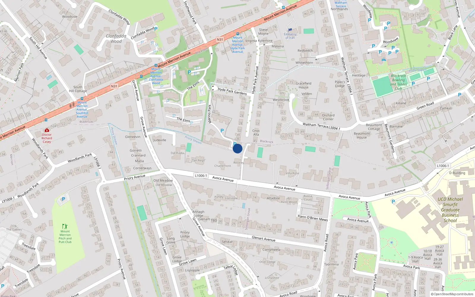 Overhead map showing the location of 15 Marino Park, Blackrock
