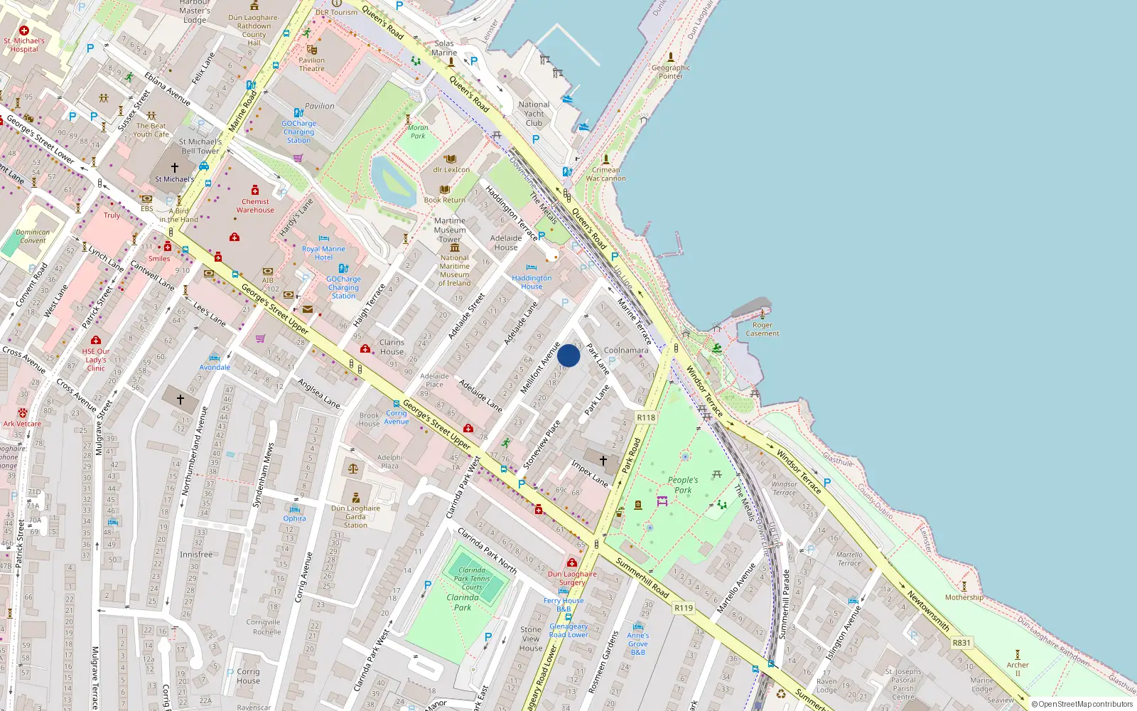 Overhead map showing the location of 15 Melifont Avenue, Dun Laoghaire, Co Dublin