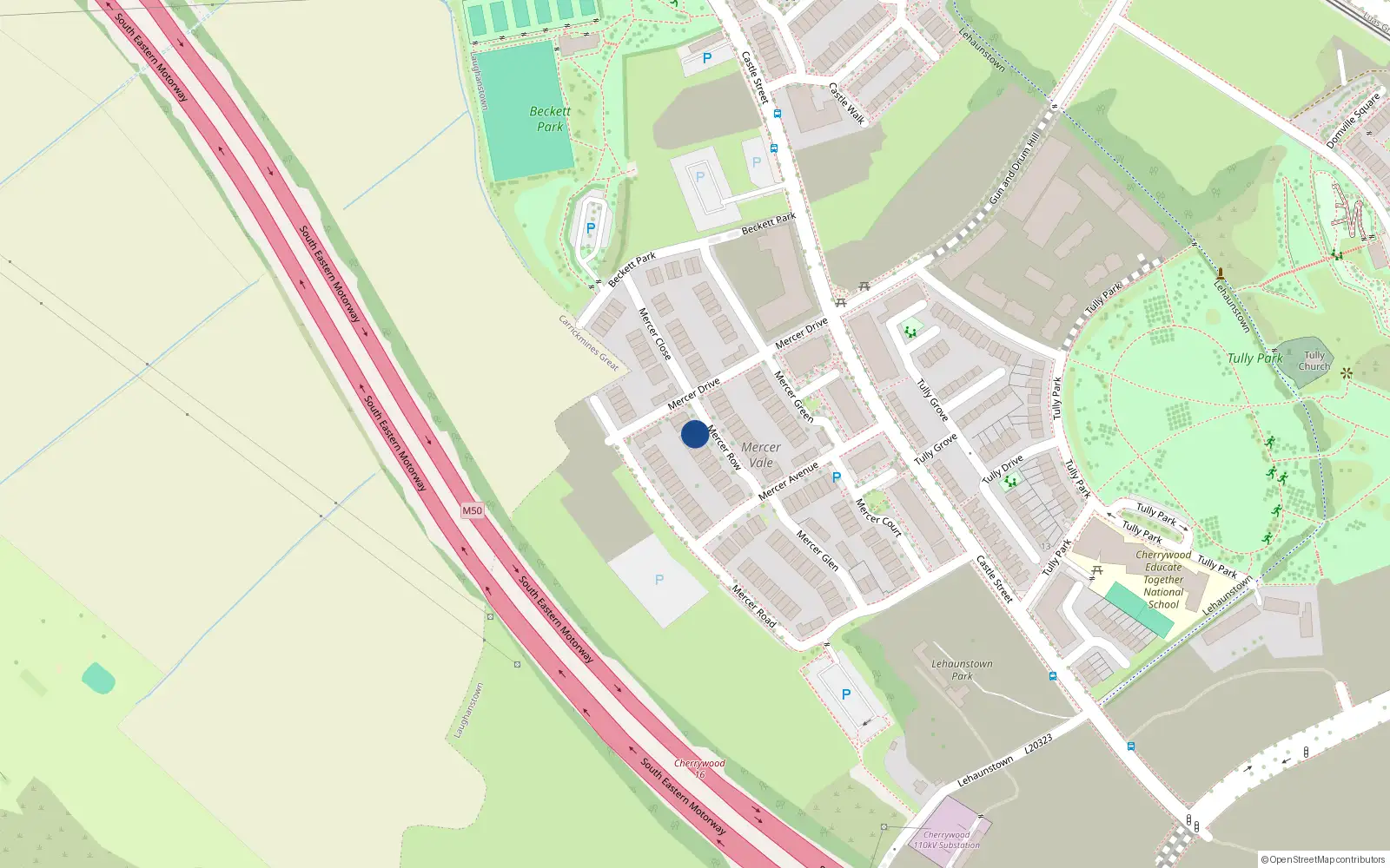 Overhead map showing the location of 15 Mercer Row, Mercer Vale, Cherrywood
