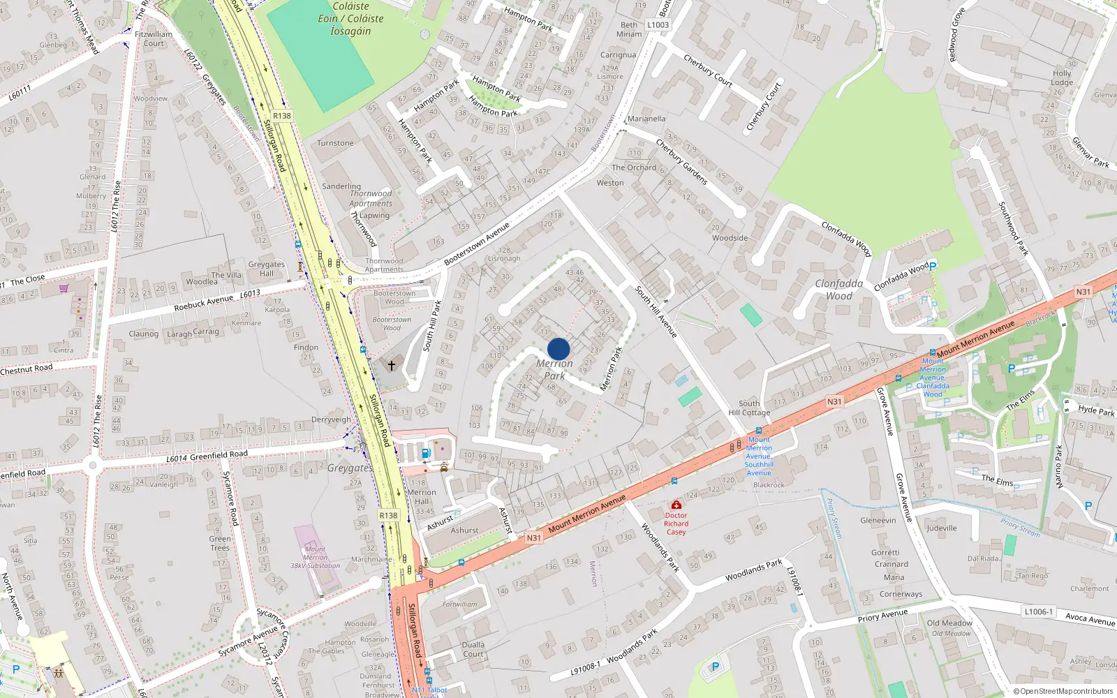 Overhead map showing the location of 15 Merrion Park, Hill Avenue South, Blackrock