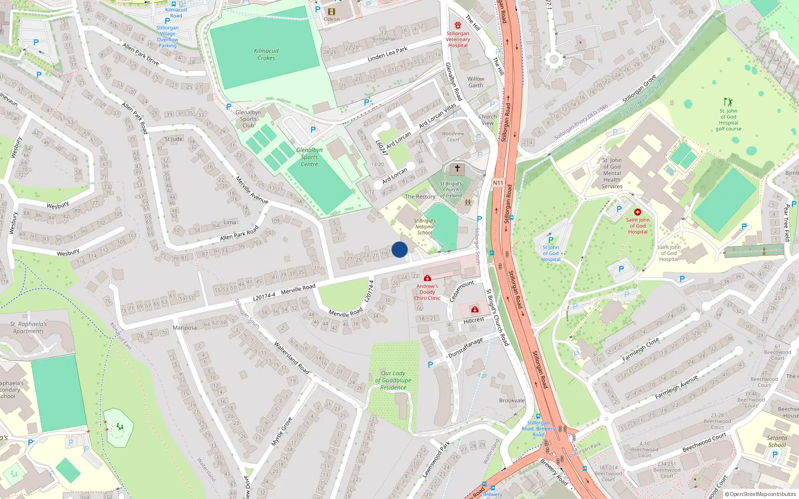 Overhead map showing the location of 15 Merville Road, Dublin