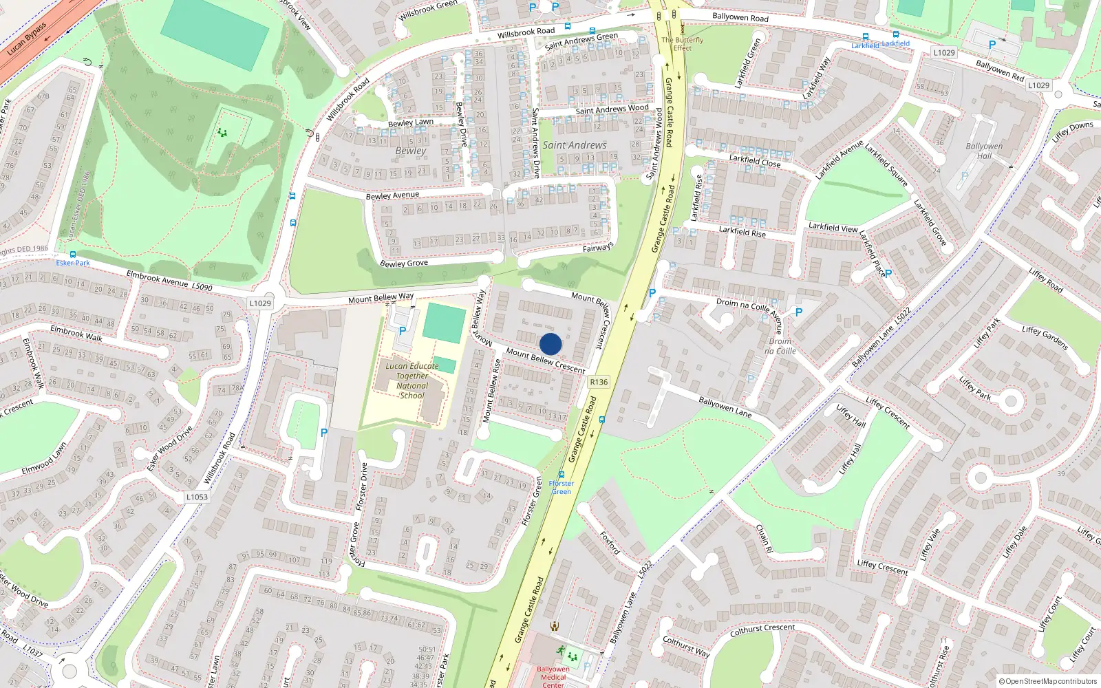 Overhead map showing the location of 15 Mount Bellew Crescent, Lucan, Dublin