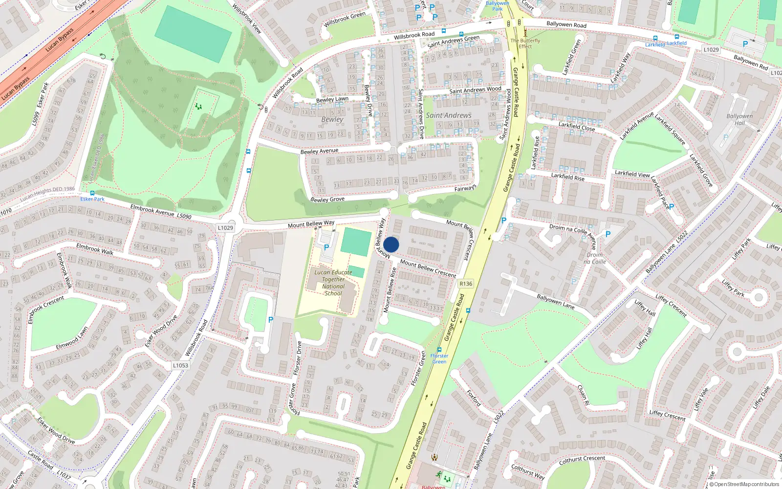 Overhead map showing the location of 15 Mount Bellew Way, Lucan