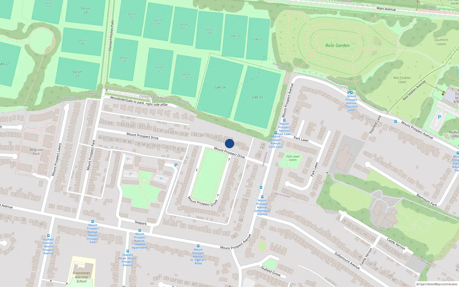 Overhead map showing the location of 15 Mount Prospect Drive, Dublin 3