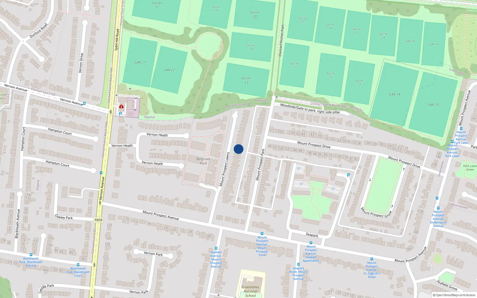 Overhead map showing the location of 15 Mount Prospect Lawns, Dublin 3