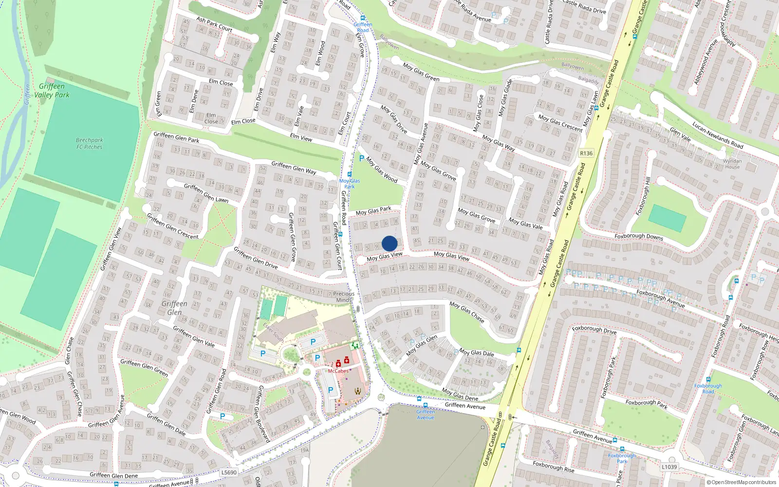 Overhead map showing the location of 15 Moy Glas View, Lucan