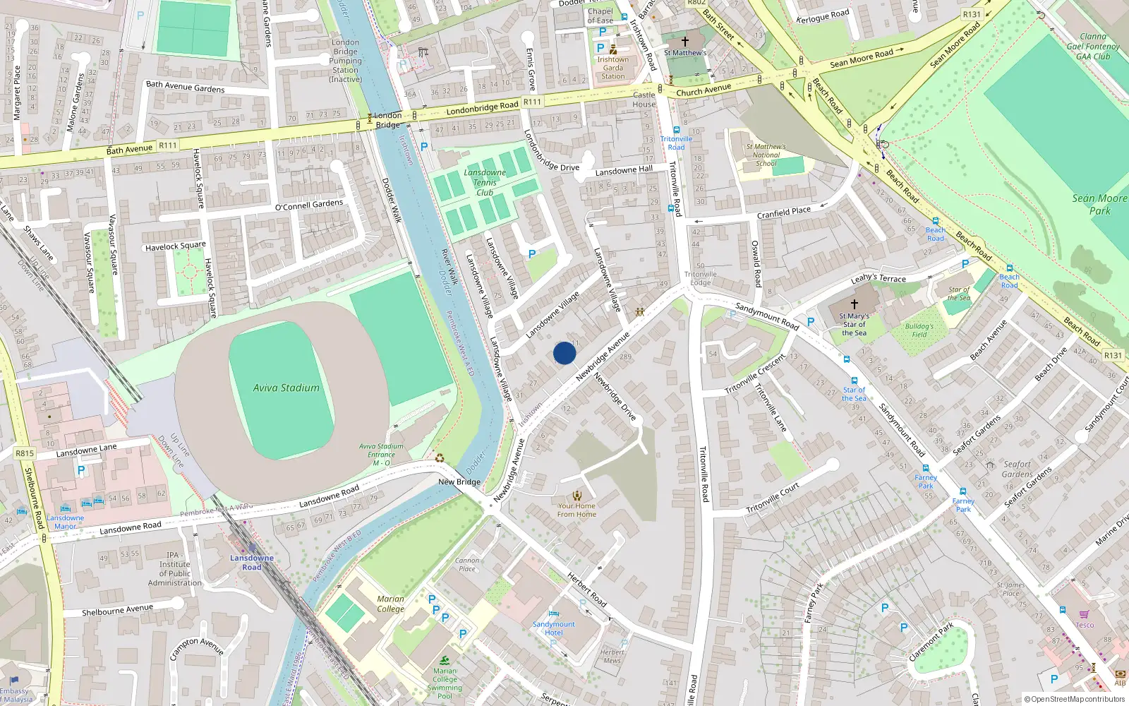 Overhead map showing the location of 15 Newbridge Avenue, Irishtown