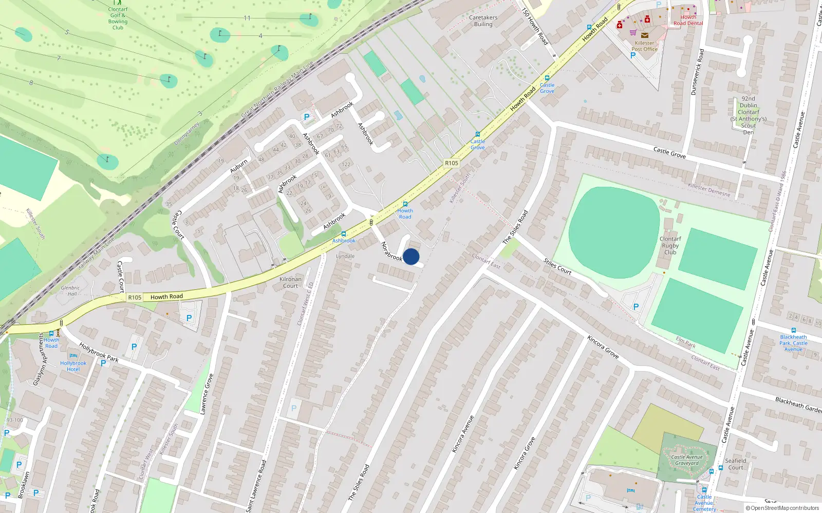 Overhead map showing the location of 15 Norabrook, Howth Road, Clontarf