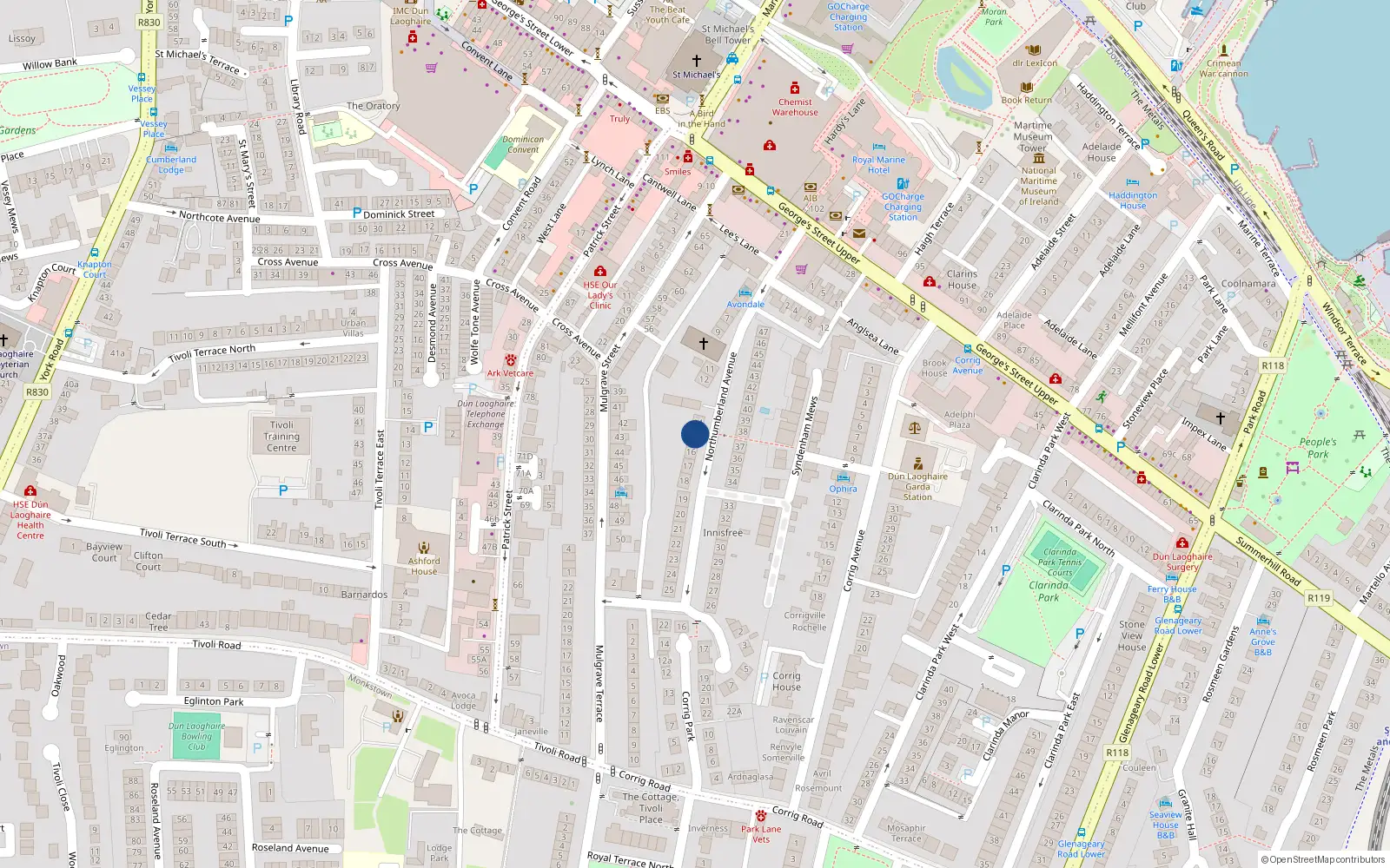 Overhead map showing the location of 15 Northumberland Avenue, Dun Laoghaire, Dublin