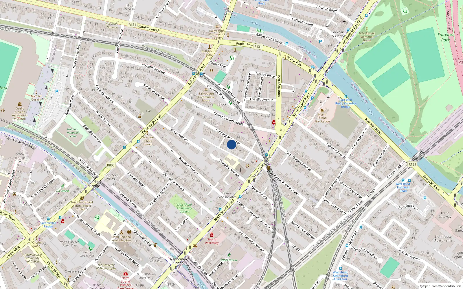 Overhead map showing the location of 15 Nottingham St, North Strand, Dublin 3