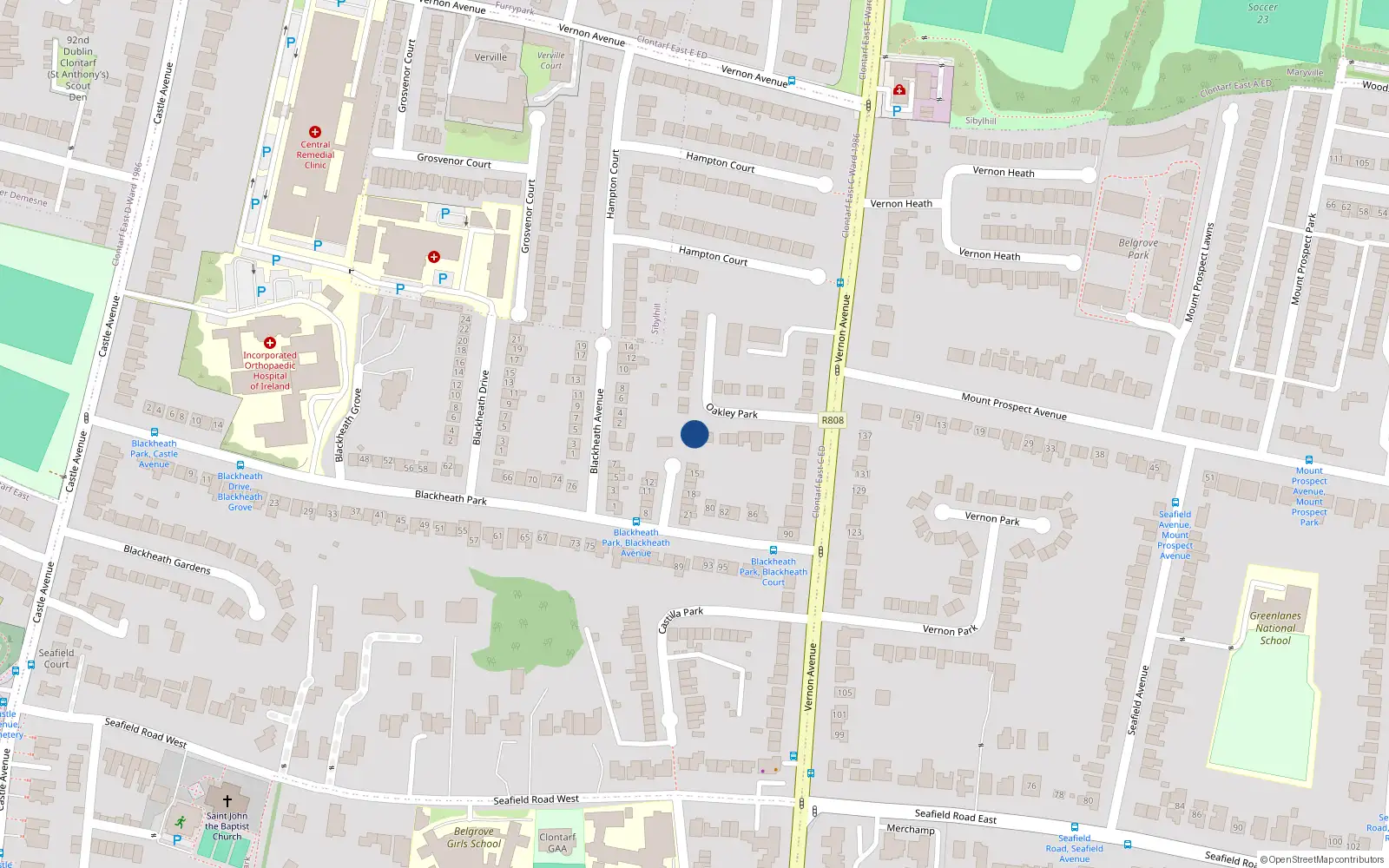 Overhead map showing the location of 15 Oakely Park, Clontarf